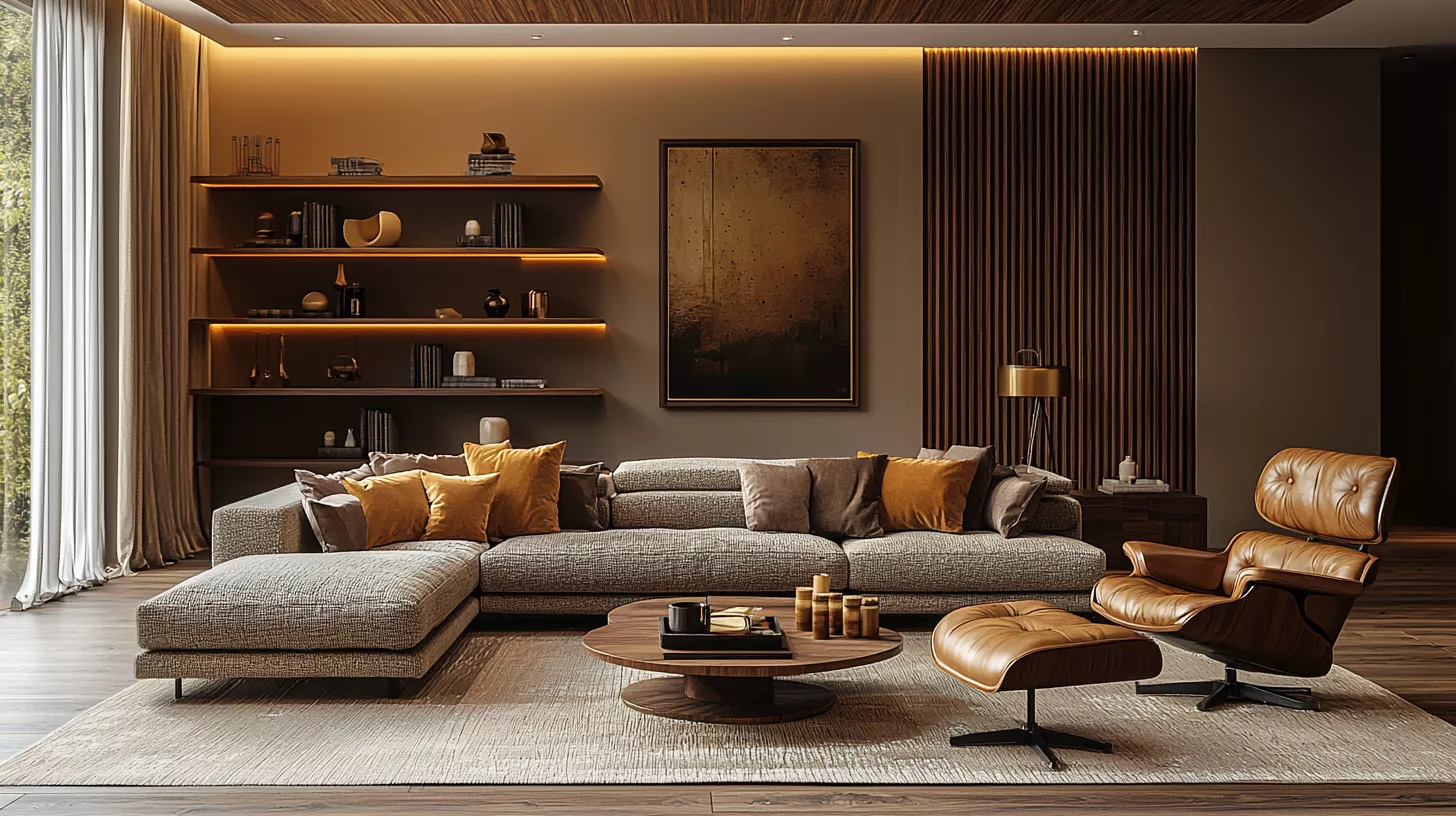 A modern majlis that embodies the combination of warm and neutral colors with a touch of wood in the design. A modern majlis that embodies the combination of warm and neutral colors with a touch of wood in the design.